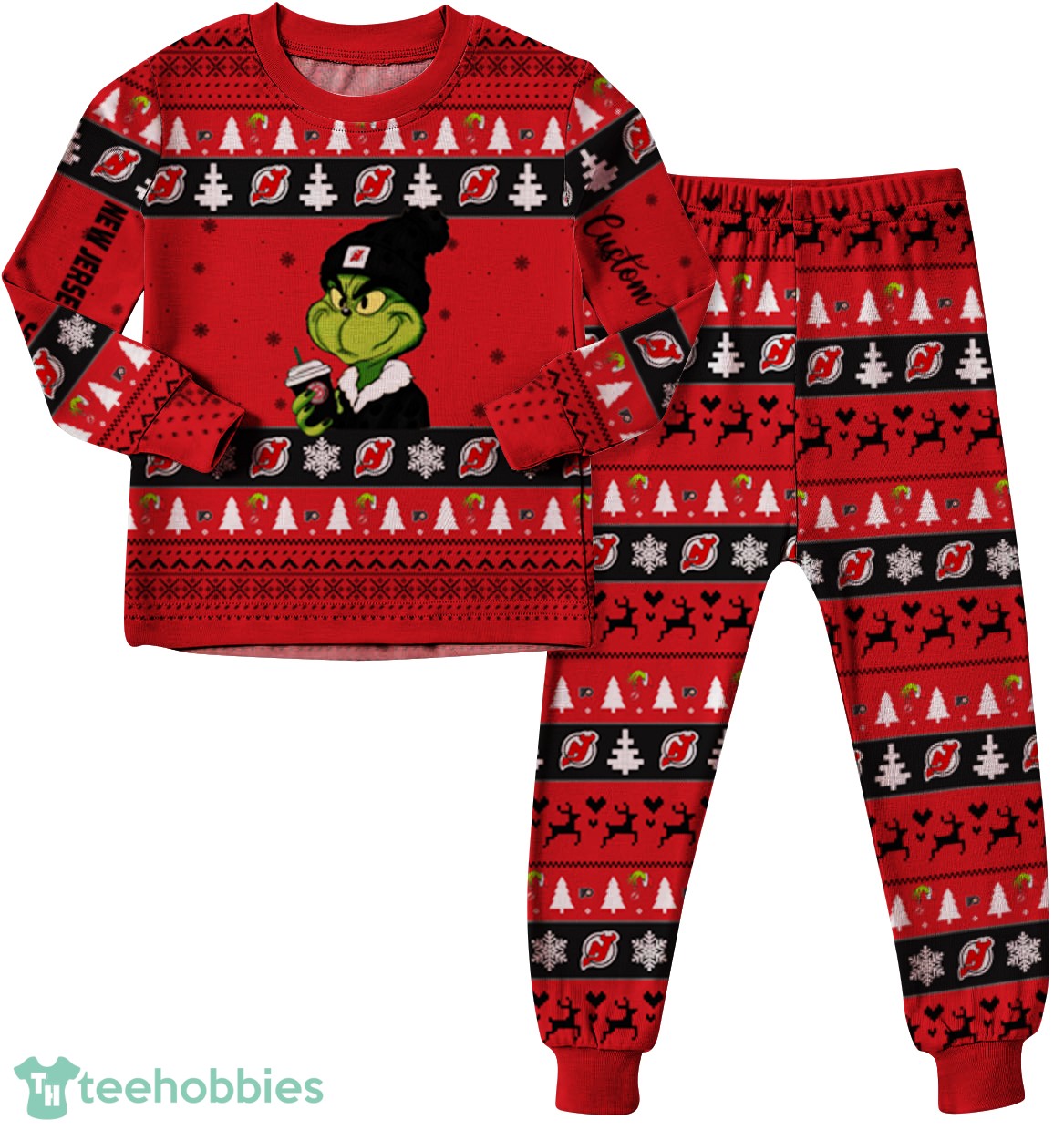 MLB Grinch New Jersey Devils Custom Name Christmas Knitting Pattern Matching Family Pajamas Set image MLB Grinch New Jersey Devils Custom Name Christmas Knitting Pattern Matching Family Pajamas Set Product Photo 4