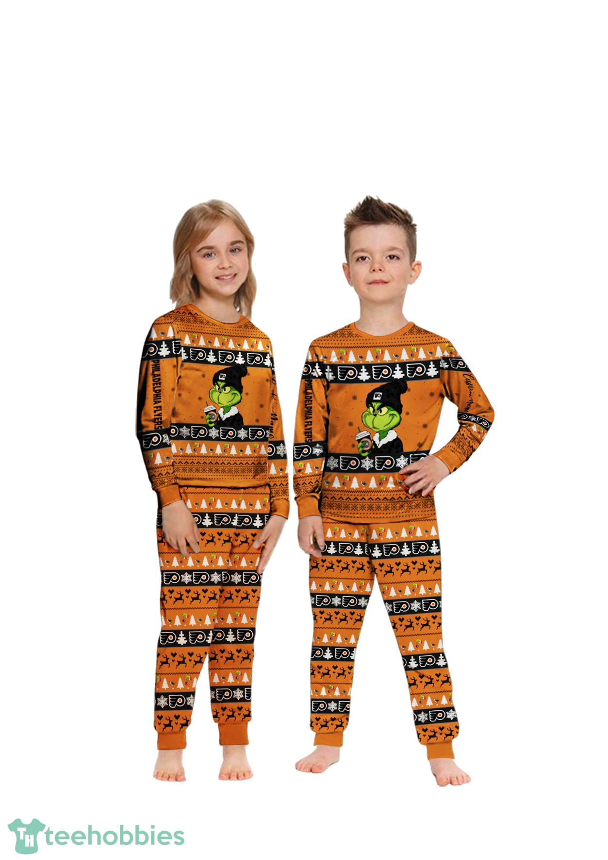 MLB Grinch Philadelphia Flyers Custom Name Christmas Knitting Pattern Matching Family Pajamas Set image MLB Grinch Philadelphia Flyers Custom Name Christmas Knitting Pattern Matching Family Pajamas Set Product Photo 1