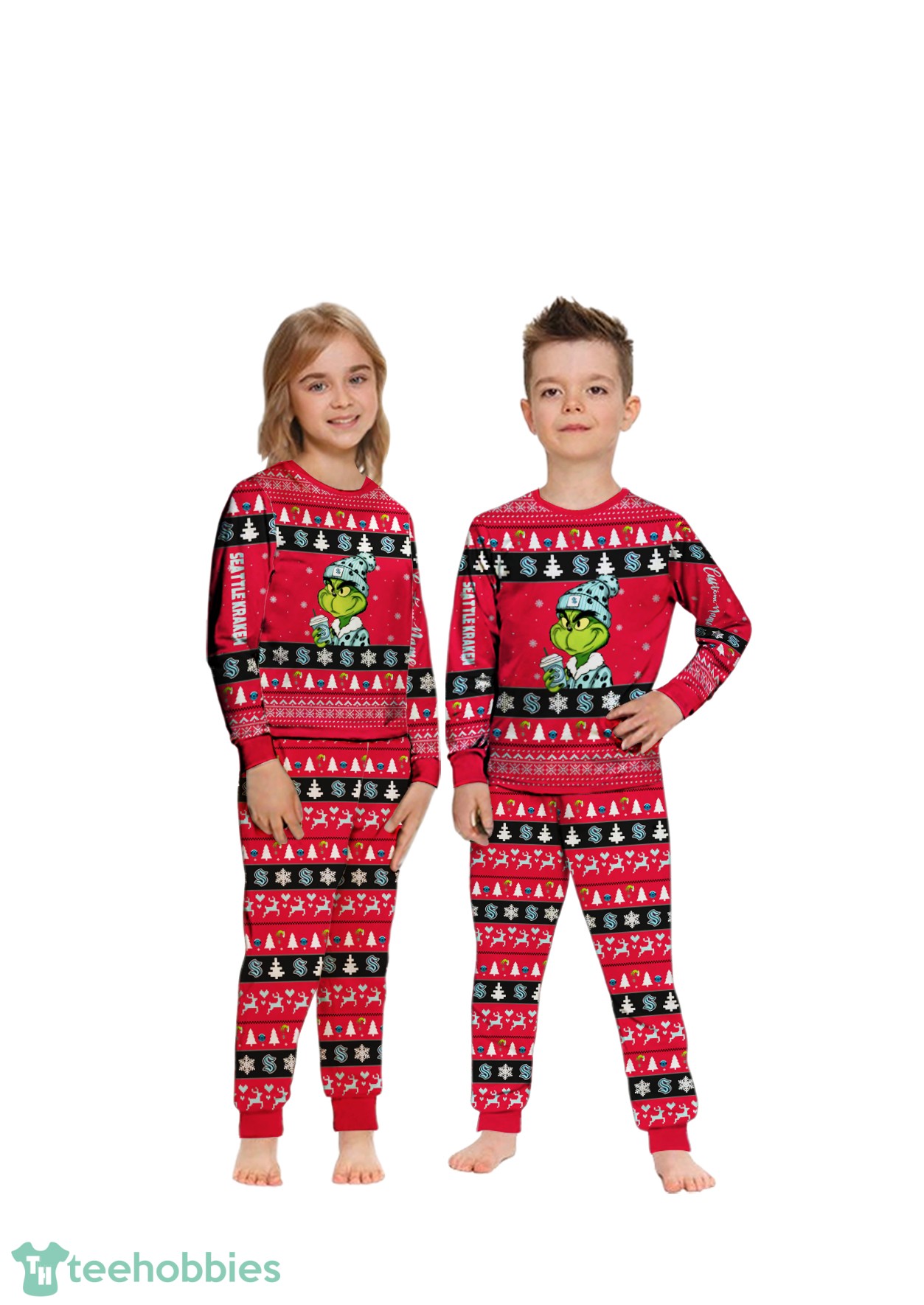 MLB Grinch Seattle Kraken Custom Name Christmas Knitting Pattern Matching Family Pajamas Set image MLB Grinch Seattle Kraken Custom Name Christmas Knitting Pattern Matching Family Pajamas Set Product Photo 2