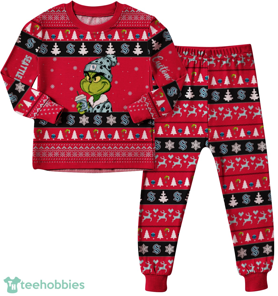 MLB Grinch Seattle Kraken Custom Name Christmas Knitting Pattern Matching Family Pajamas Set image MLB Grinch Seattle Kraken Custom Name Christmas Knitting Pattern Matching Family Pajamas Set Product Photo 3