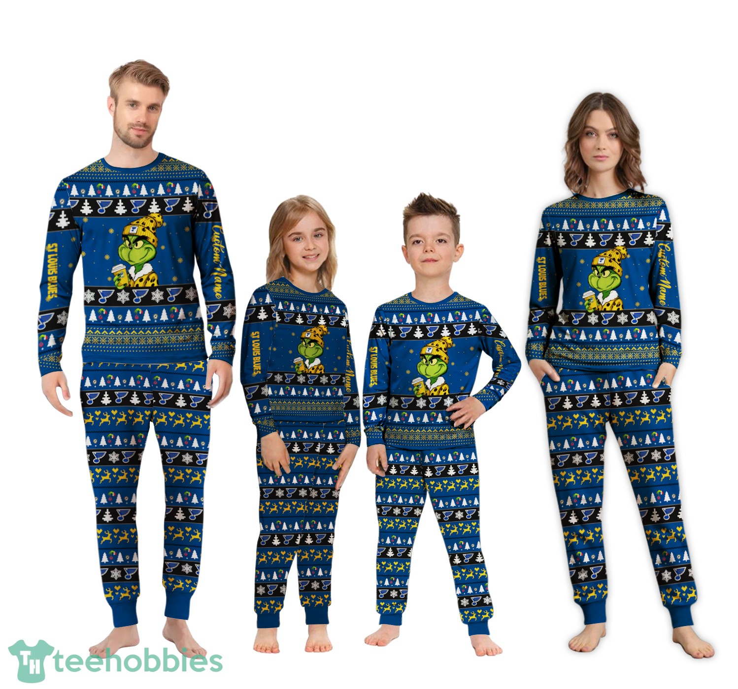 MLB Grinch St Louis Blues Custom Name Christmas Knitting Pattern Matching Family Pajamas Set image MLB Grinch St Louis Blues Custom Name Christmas Knitting Pattern Matching Family Pajamas Set Product Photo 2