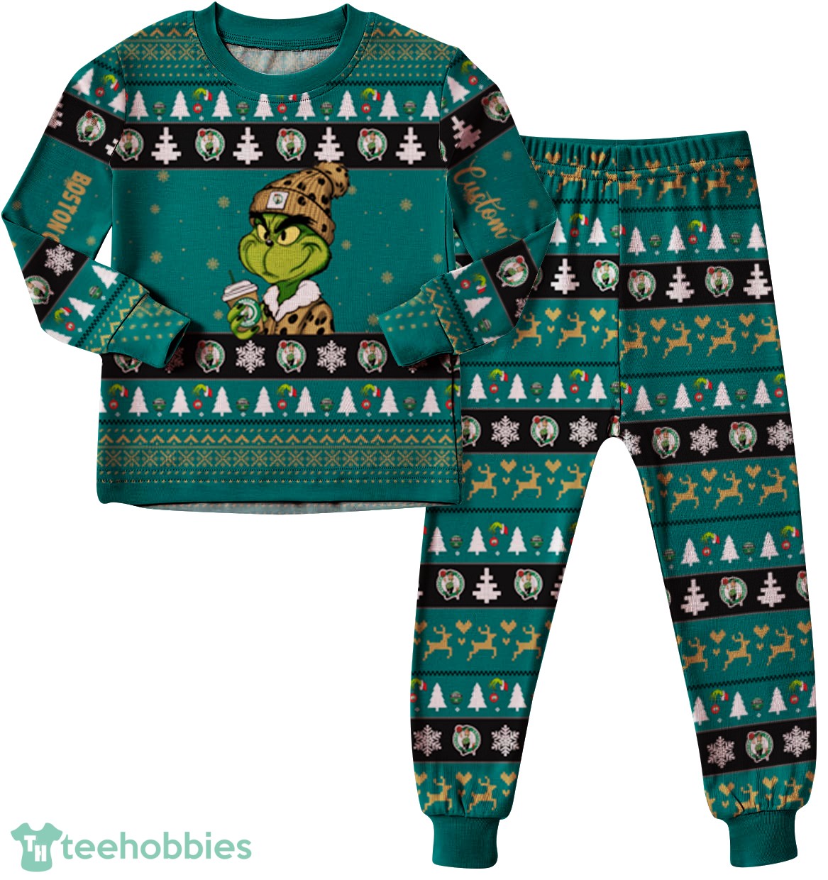 NBA Grinch Boston Celtics Custom Name Christmas Knitting Pattern Matching Family Pajamas Set image NBA Grinch Boston Celtics Custom Name Christmas Knitting Pattern Matching Family Pajamas Set Product Photo 3