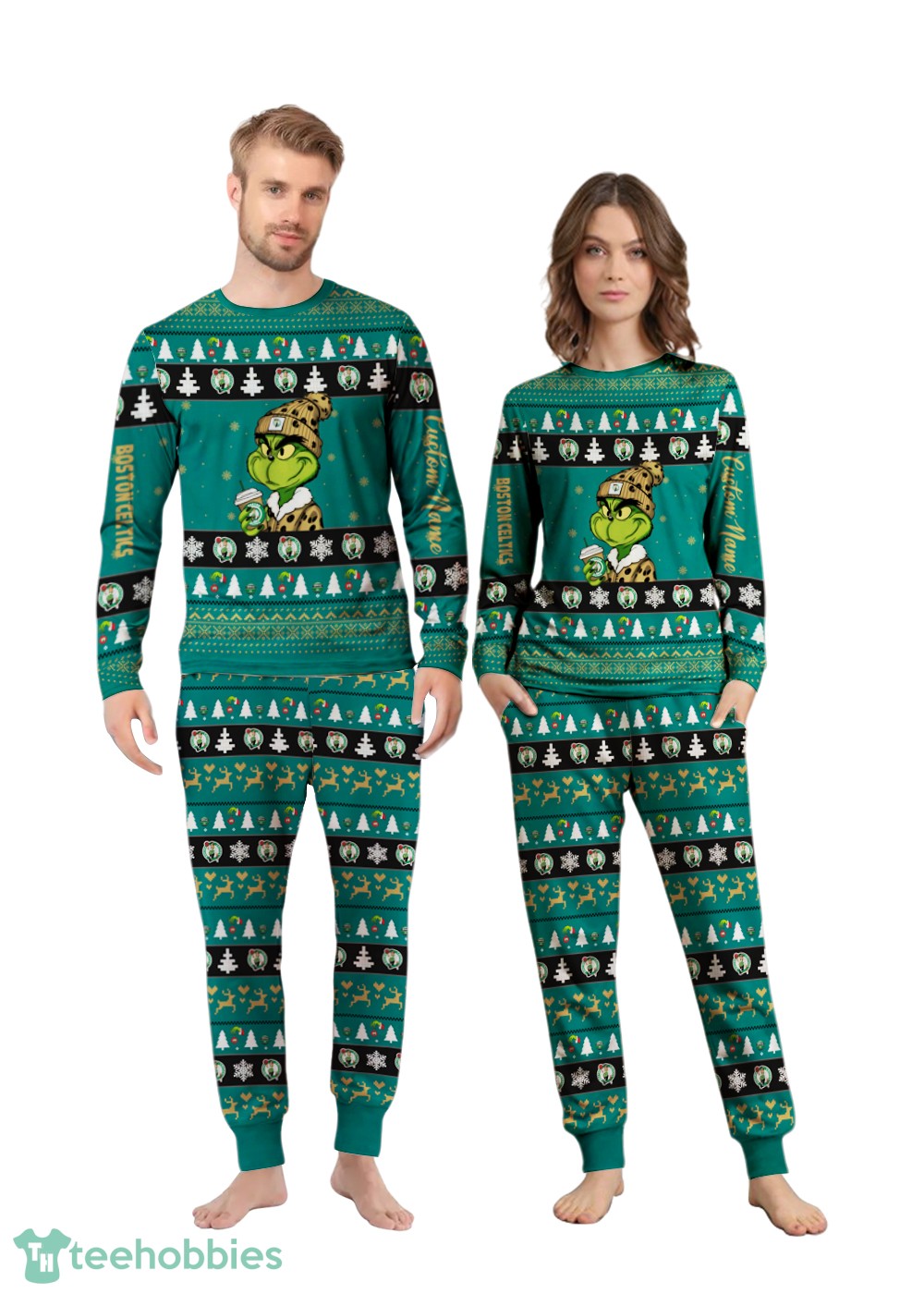 NBA Grinch Boston Celtics Custom Name Christmas Knitting Pattern Matching Family Pajamas Set image NBA Grinch Boston Celtics Custom Name Christmas Knitting Pattern Matching Family Pajamas Set Product Photo 1