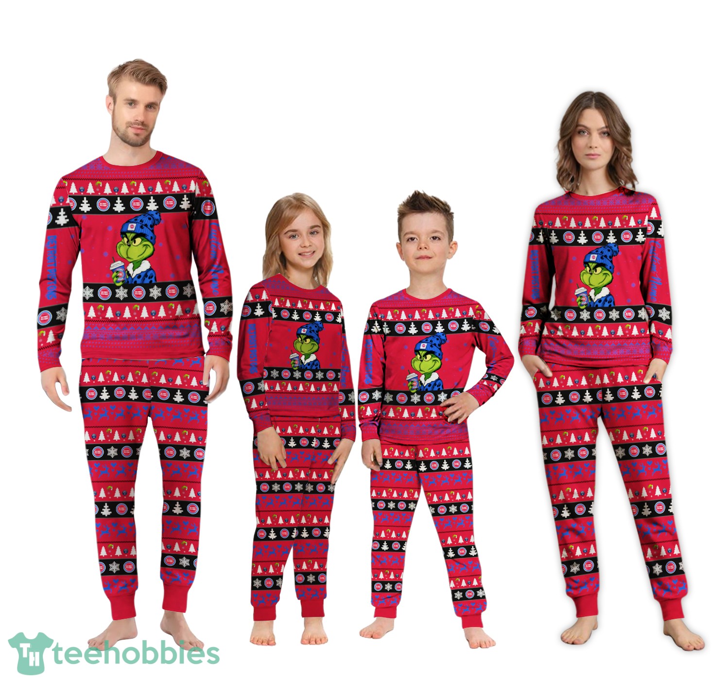 NBA Grinch Detroit Pistons Custom Name Christmas Knitting Pattern Matching Family Pajamas Set image NBA Grinch Detroit Pistons Custom Name Christmas Knitting Pattern Matching Family Pajamas Set Product Photo 4