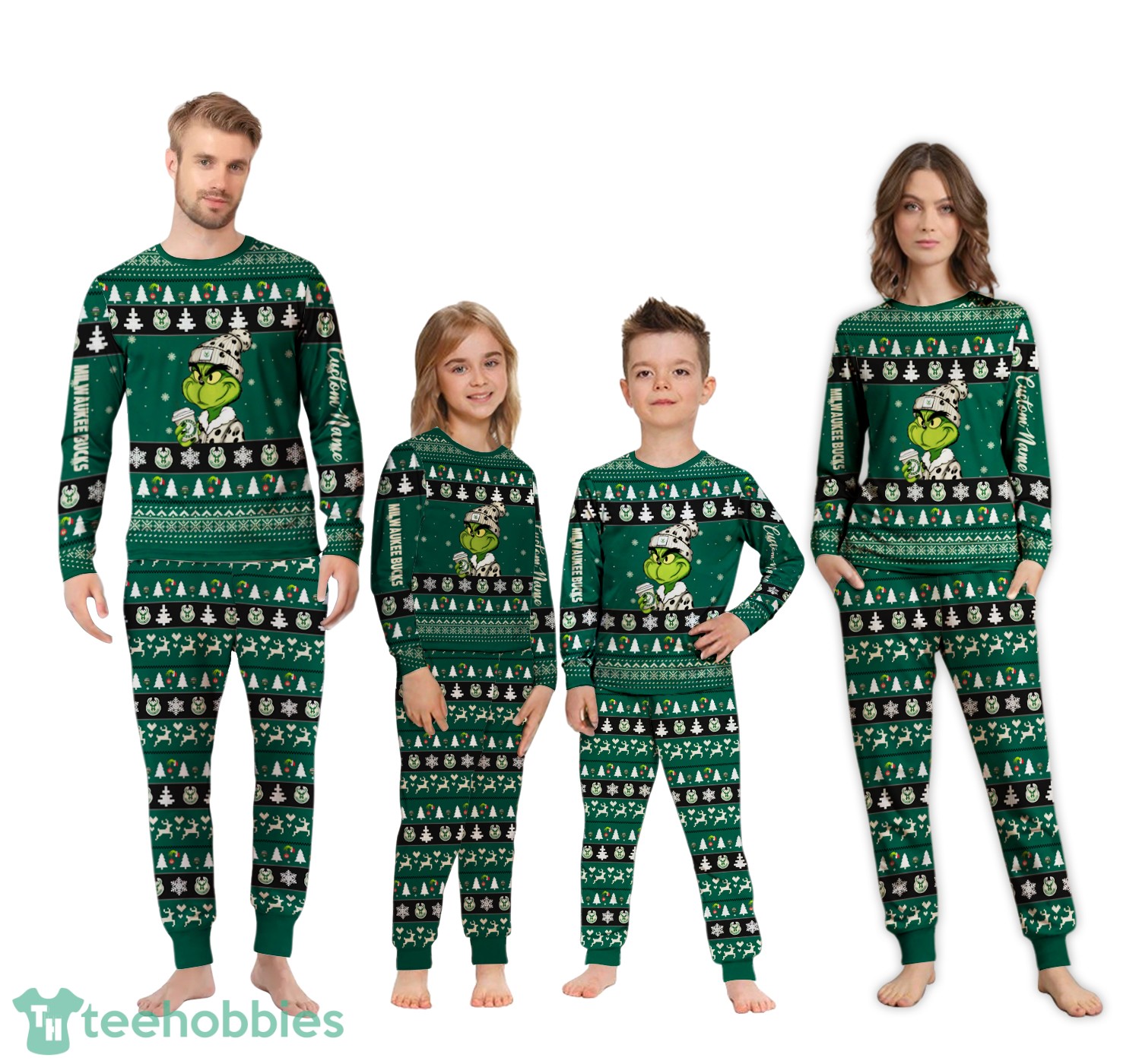 NBA Grinch Milwaukee Bucks Custom Name Christmas Knitting Pattern Matching Family Pajamas Set image NBA Grinch Milwaukee Bucks Custom Name Christmas Knitting Pattern Matching Family Pajamas Set Product Photo 4