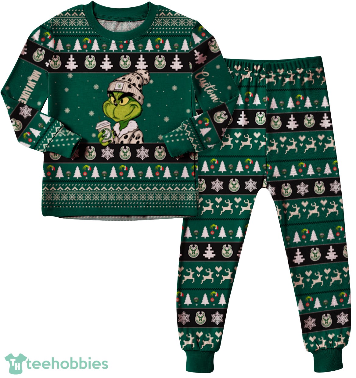 NBA Grinch Milwaukee Bucks Custom Name Christmas Knitting Pattern Matching Family Pajamas Set image NBA Grinch Milwaukee Bucks Custom Name Christmas Knitting Pattern Matching Family Pajamas Set Product Photo 2
