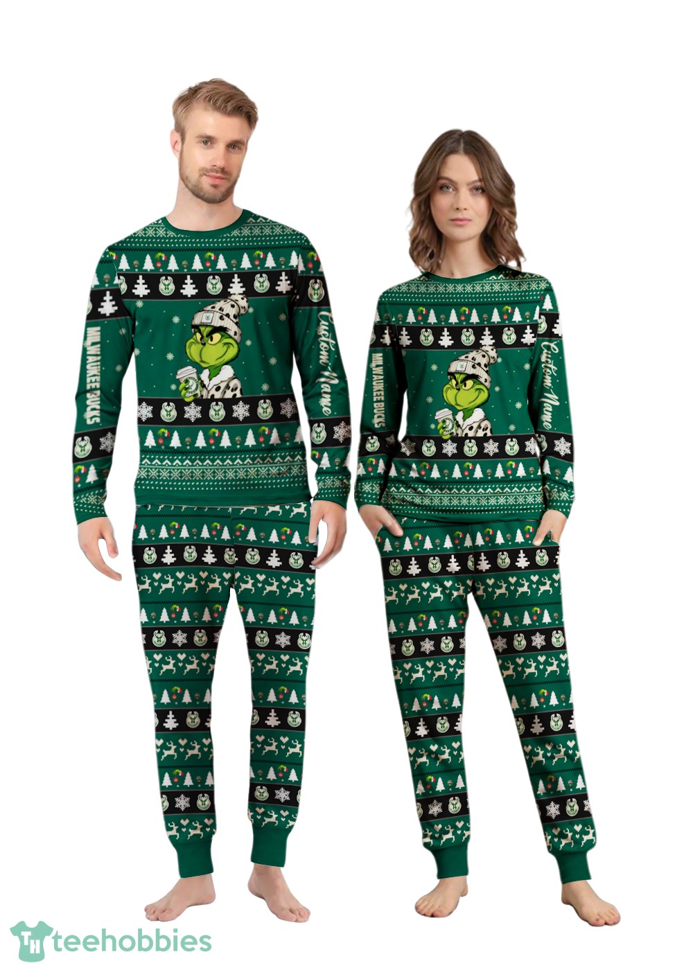 NBA Grinch Milwaukee Bucks Custom Name Christmas Knitting Pattern Matching Family Pajamas Set image NBA Grinch Milwaukee Bucks Custom Name Christmas Knitting Pattern Matching Family Pajamas Set Product Photo 3