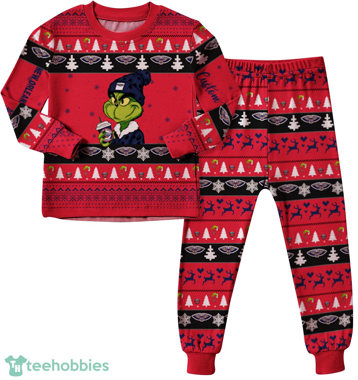 NBA Grinch New Orleans Pelicans Custom Name Christmas Knitting Pattern Matching Family Pajamas Set image NBA Grinch New Orleans Pelicans Custom Name Christmas Knitting Pattern Matching Family Pajamas Set Product Photo 2