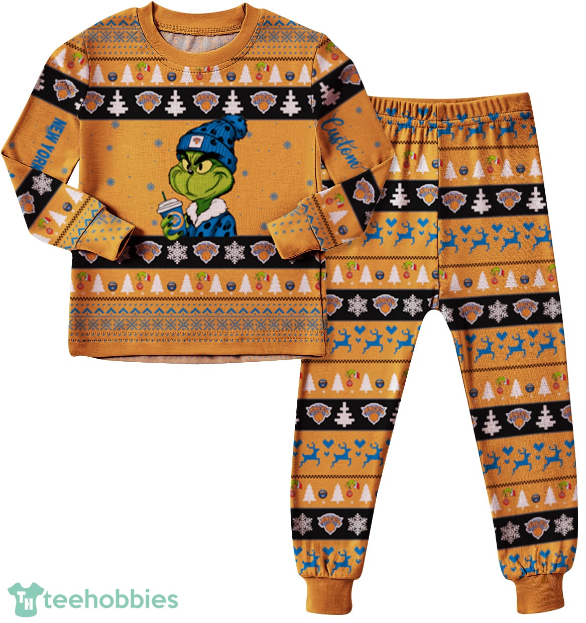NBA Grinch New York Knicks Custom Name Christmas Knitting Pattern Matching Family Pajamas Set image NBA Grinch New York Knicks Custom Name Christmas Knitting Pattern Matching Family Pajamas Set Product Photo 1