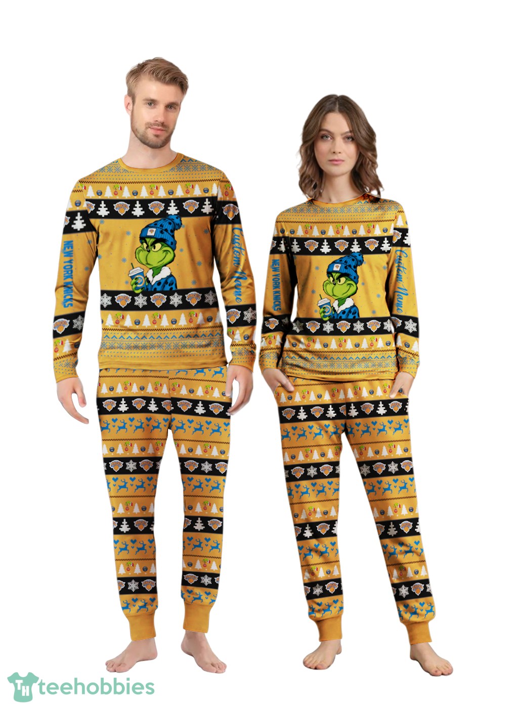 NBA Grinch New York Knicks Custom Name Christmas Knitting Pattern Matching Family Pajamas Set image NBA Grinch New York Knicks Custom Name Christmas Knitting Pattern Matching Family Pajamas Set Product Photo 4
