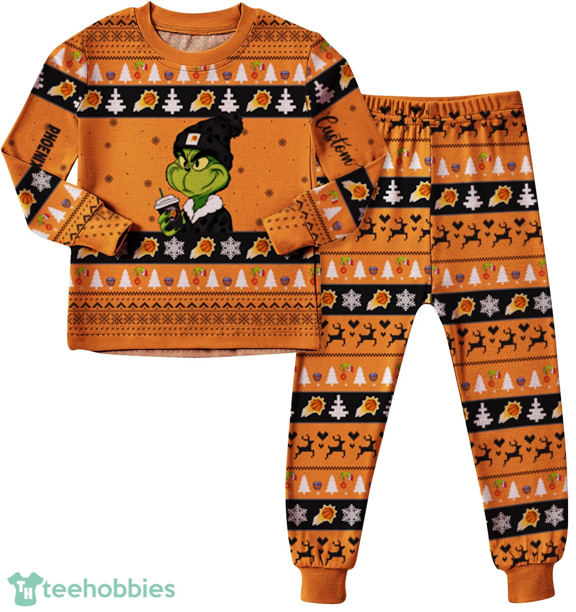 NBA Grinch Phoenix Suns Custom Name Christmas Knitting Pattern Matching Family Pajamas Set image NBA Grinch Phoenix Suns Custom Name Christmas Knitting Pattern Matching Family Pajamas Set Product Photo 3