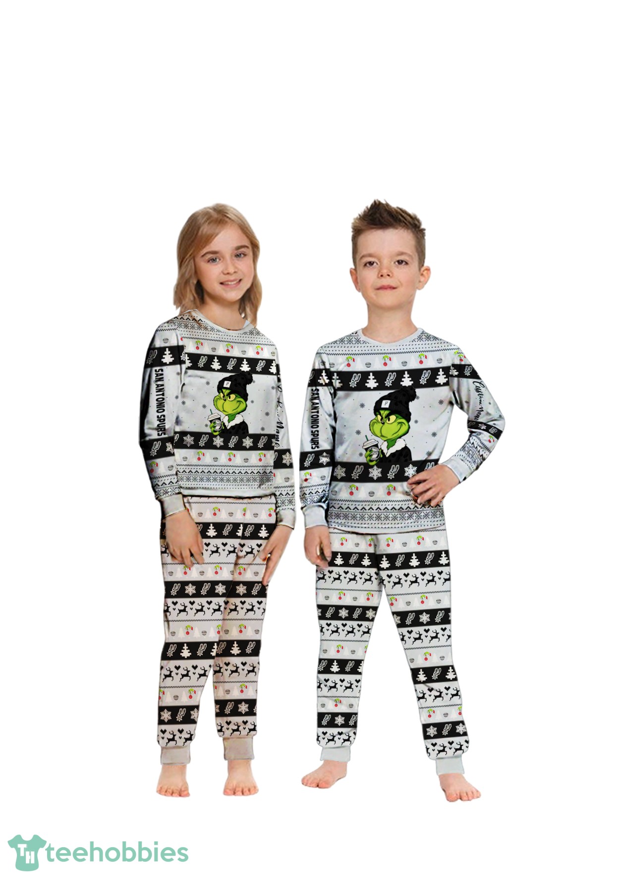 NBA Grinch San Antonio Spurs Custom Name Christmas Knitting Pattern Matching Family Pajamas Set image NBA Grinch San Antonio Spurs Custom Name Christmas Knitting Pattern Matching Family Pajamas Set Product Photo 1