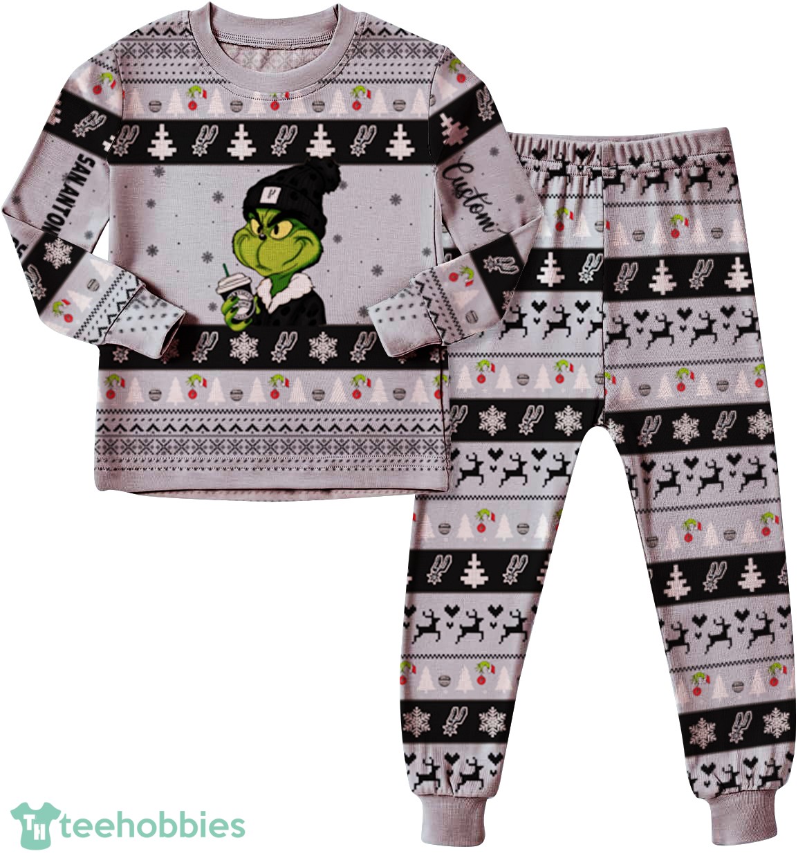 NBA Grinch San Antonio Spurs Custom Name Christmas Knitting Pattern Matching Family Pajamas Set image NBA Grinch San Antonio Spurs Custom Name Christmas Knitting Pattern Matching Family Pajamas Set Product Photo 3