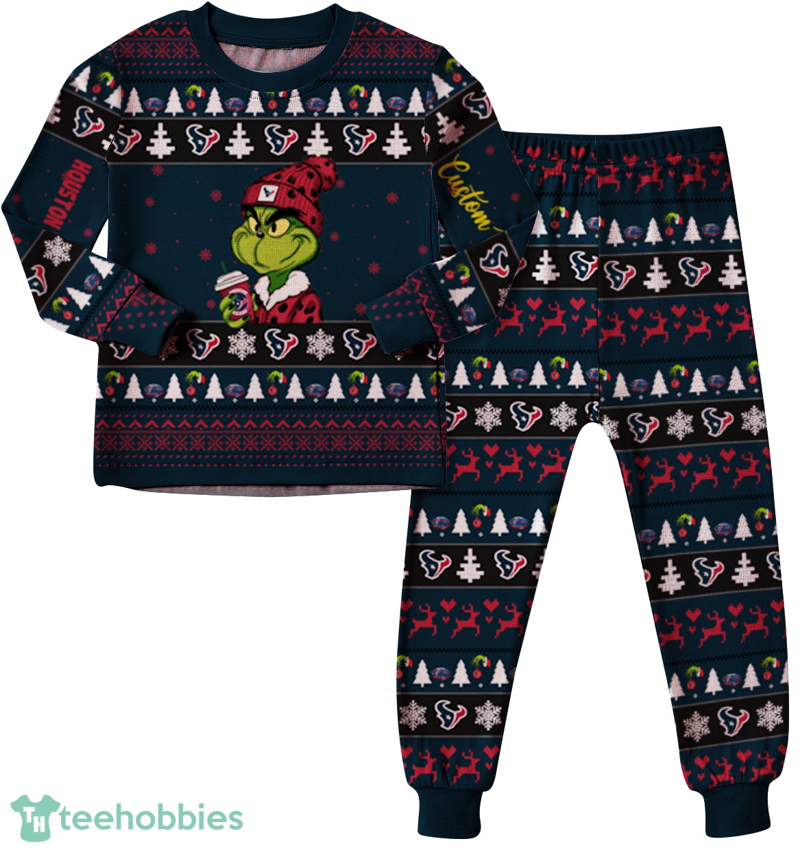 NFL Grinch Houston Texans Custom Name Christmas Knitting Pattern Matching Family Pajamas Set image NFL Grinch Houston Texans Custom Name Christmas Knitting Pattern Matching Family Pajamas Set Product Photo 1