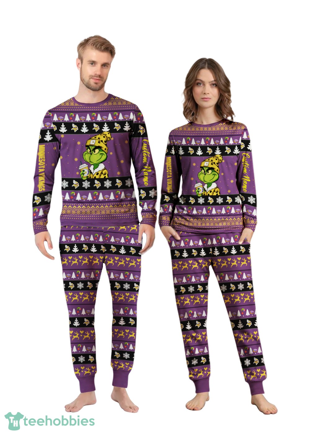 NFL Grinch Minnesota Vikings Custom Name Christmas Knitting Pattern Matching Family Pajamas Set image NFL Grinch Minnesota Vikings Custom Name Christmas Knitting Pattern Matching Family Pajamas Set Product Photo 4