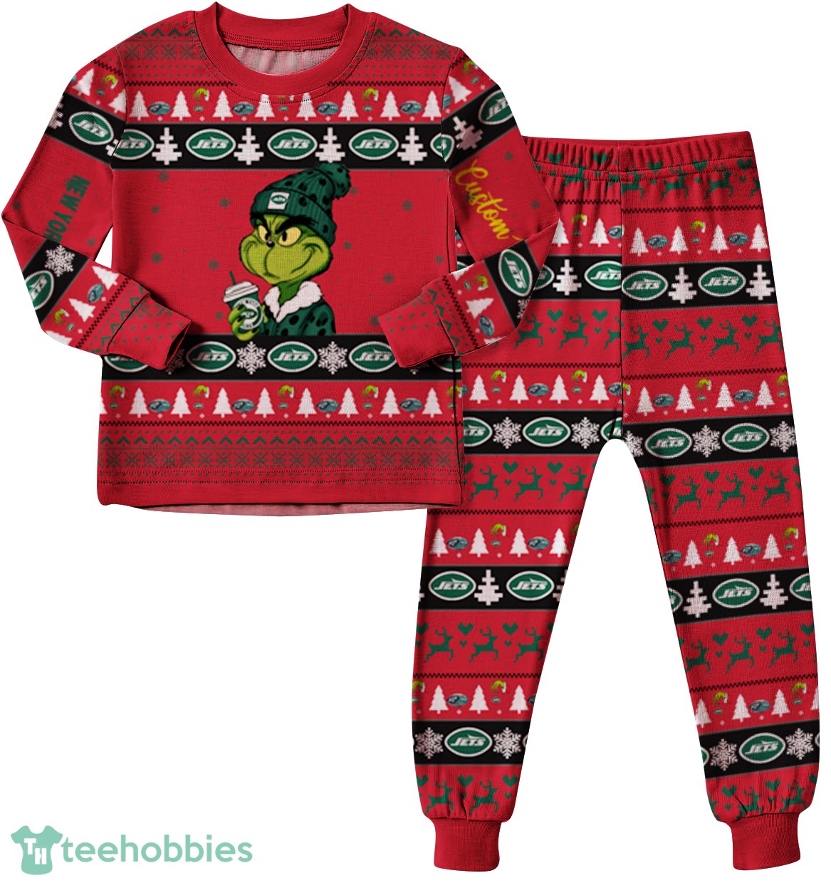 NFL Grinch New York Jets Custom Name Christmas Knitting Pattern Matching Family Pajamas Set image NFL Grinch New York Jets Custom Name Christmas Knitting Pattern Matching Family Pajamas Set Product Photo 1