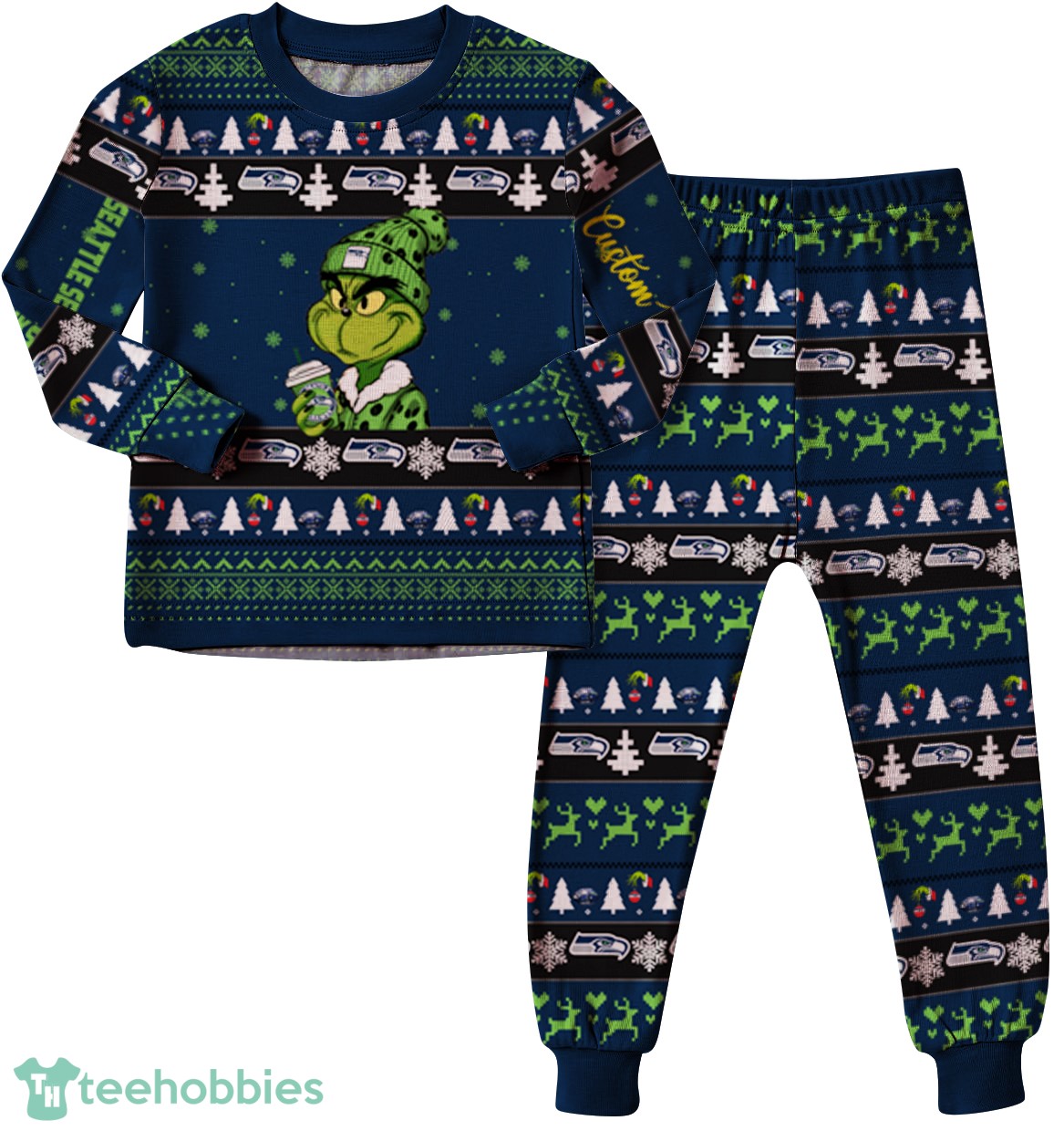 NFL Grinch Seattle Seahawks Custom Name Christmas Knitting Pattern Matching Family Pajamas Set image NFL Grinch Seattle Seahawks Custom Name Christmas Knitting Pattern Matching Family Pajamas Set Product Photo 2