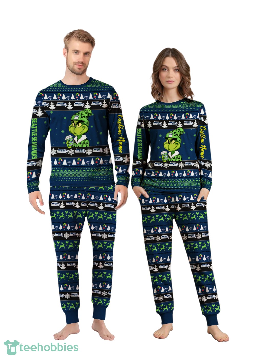 NFL Grinch Seattle Seahawks Custom Name Christmas Knitting Pattern Matching Family Pajamas Set image NFL Grinch Seattle Seahawks Custom Name Christmas Knitting Pattern Matching Family Pajamas Set Product Photo 1