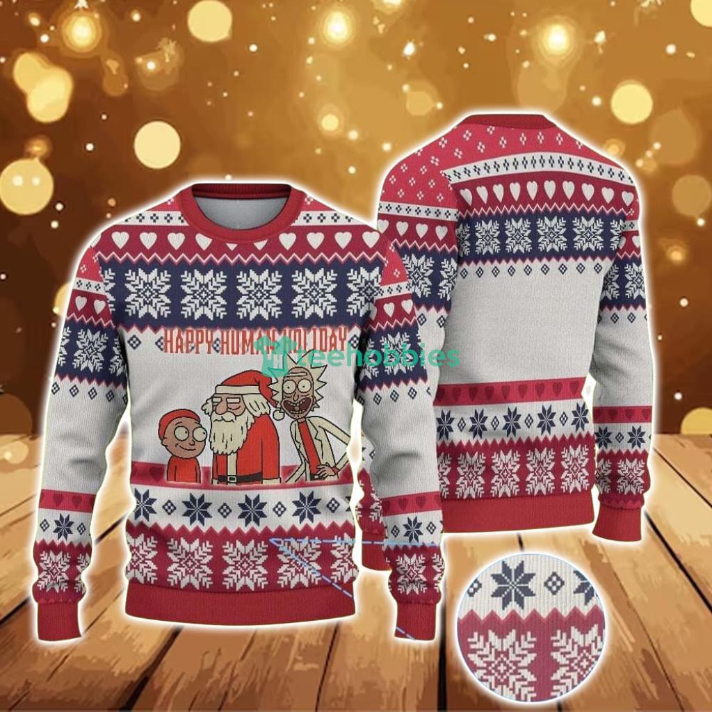 ugly-christmas-sweater-with-and-navy-snowflake-pattern-featuring-rick-and-morty-happy-human-holiday.jpg Ugly Christmas Sweater With And Navy Snowflake Pattern Featuring Rick And Morty Happy Human Holiday Product Photo 1