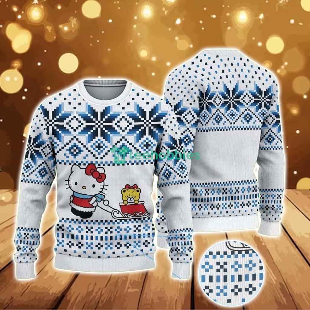 ugly-christmas-sweater-with-blue-snowflake-pattern-featuring-hello-kitty-pulling-a-sleigh.jpg Ugly Christmas Sweater With Blue Snowflake Pattern Featuring Hello Kitty Pulling A Sleigh Product Photo 1