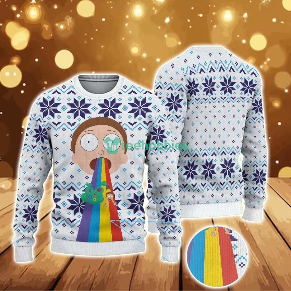 ugly-christmas-sweater-with-blue-snowflake-pattern-featuring-rick-and-morty-rainbow-vomit.jpg Ugly Christmas Sweater With Blue Snowflake Pattern Featuring Rick And Morty Rainbow Vomit Product Photo 1