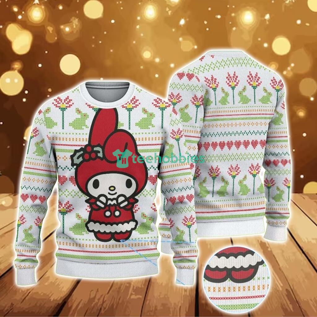 ugly-christmas-sweater-with-frog-and-flower-pattern-featuring-hello-kitty-my-melody-in-santa-outfit.jpg Ugly Christmas Sweater With Frog And Flower Pattern Featuring Hello Kitty My Melody In Santa Outfit Product Photo 1