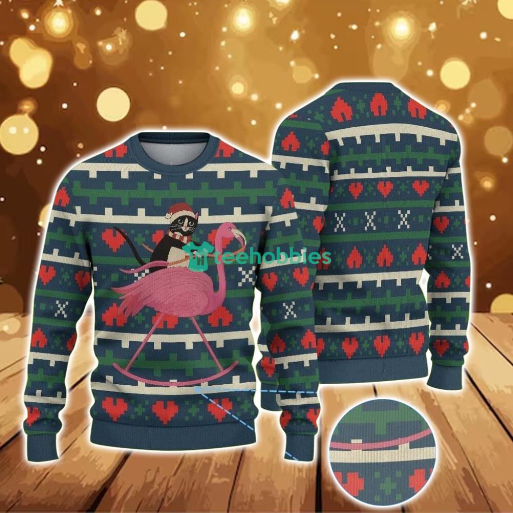 ugly-christmas-sweater-with-heart-and-geometric-pattern-featuring-cat-riding-pink-flamingo.jpg Ugly Christmas Sweater With Heart And Geometric Pattern Featuring Cat Riding Pink Flamingo Product Photo 1