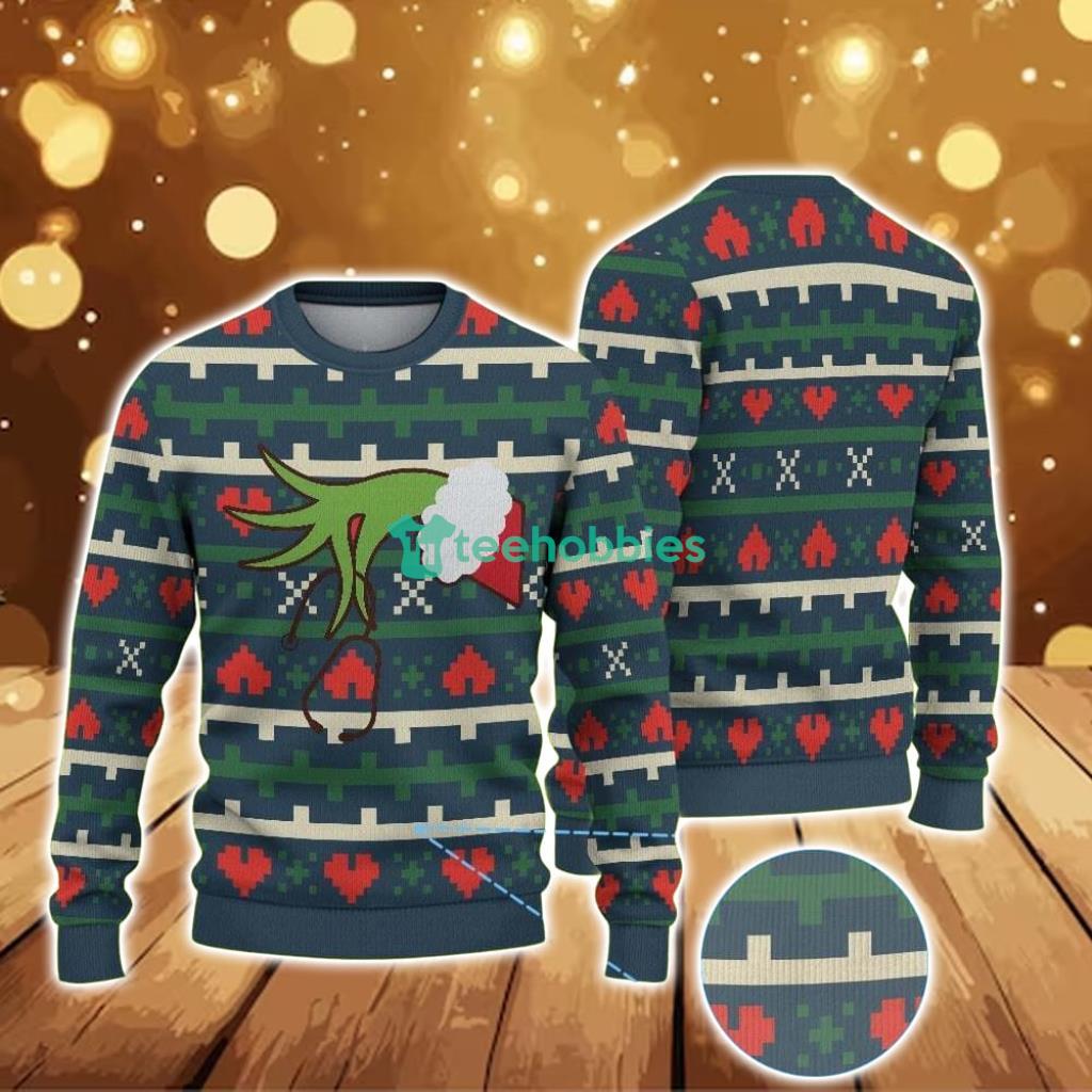 ugly-christmas-sweater-with-heart-pattern-featuring-nurse-grinch-hand-holding-stethoscope.jpg Ugly Christmas Sweater With Heart Pattern Featuring Nurse Grinch Hand Holding Stethoscope Product Photo 1
