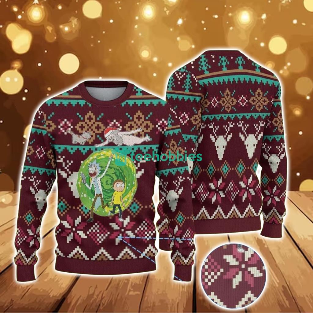 ugly-christmas-sweater-with-reindeer-and-snowflake-pattern-featuring-rick-and-morty-portal-adventure.jpg Ugly Christmas Sweater With Reindeer And Snowflake Pattern Featuring Rick And Morty Portal Adventure Product Photo 1
