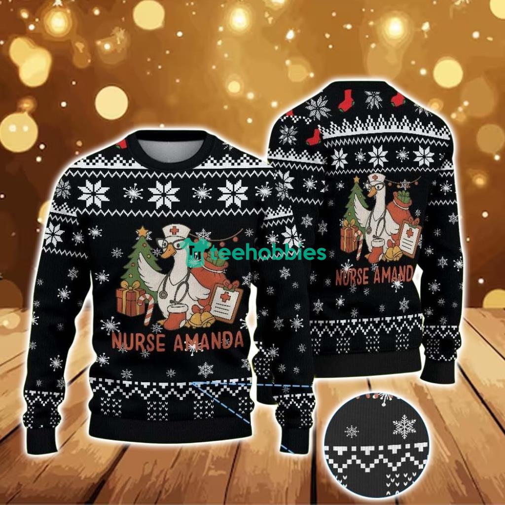 ugly-christmas-sweater-with-snowflake-pattern-featuring-nurse-amanda-with-christmas-tree-and-gifts.jpg Ugly Christmas Sweater With Snowflake Pattern Featuring Nurse Amanda With Christmas Tree And Gifts Product Photo 1