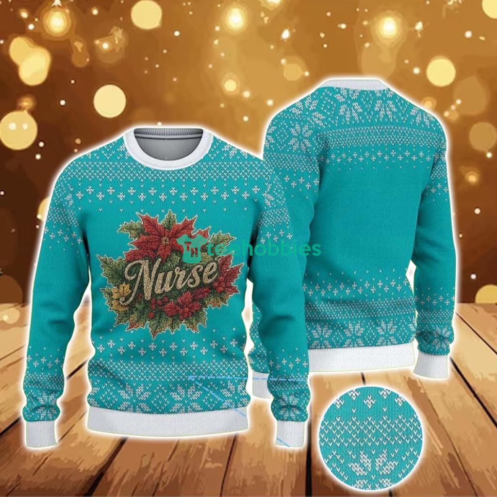 Ugly Christmas Sweater With Snowflake Pattern Featuring Nurse Poinsettia Wreath Ugly Christmas Sweater With Snowflake Pattern Featuring Nurse Poinsettia Wreath Product Photo 1