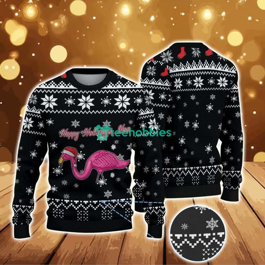 ugly-christmas-sweater-with-snowflake-pattern-featuring-pink-flamingo-in-santa-hat.jpg Ugly Christmas Sweater With Snowflake Pattern Featuring Pink Flamingo In Santa Hat Product Photo 1
