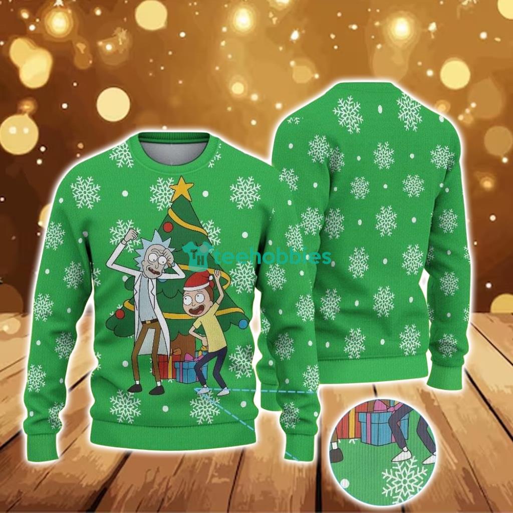 ugly-christmas-sweater-with-snowflake-pattern-featuring-rick-and-morty-christmas-tree.jpg Ugly Christmas Sweater With Snowflake Pattern Featuring Rick And Morty Christmas Tree Product Photo 1