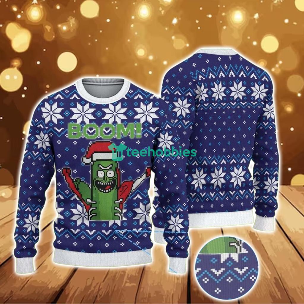 ugly-christmas-sweater-with-snowflake-pattern-featuring-rick-and-morty-pickle-rick-santa.jpg Ugly Christmas Sweater With Snowflake Pattern Featuring Rick And Morty Pickle Rick Santa Product Photo 1