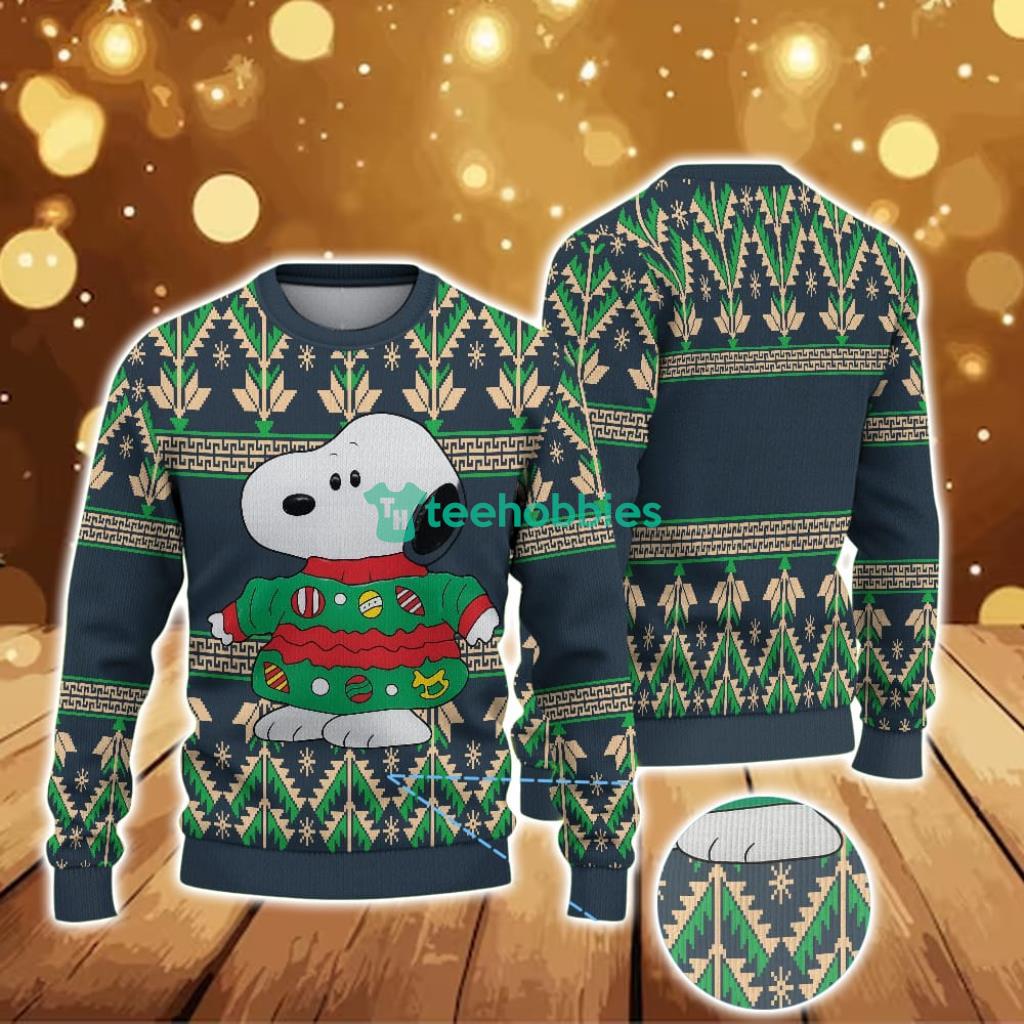 ugly-christmas-sweater-with-tree-pattern-featuring-snoopy-in-festive-holiday-outfit.jpg Ugly Christmas Sweater With Tree Pattern Featuring Snoopy In Festive Holiday Outfit Product Photo 1
