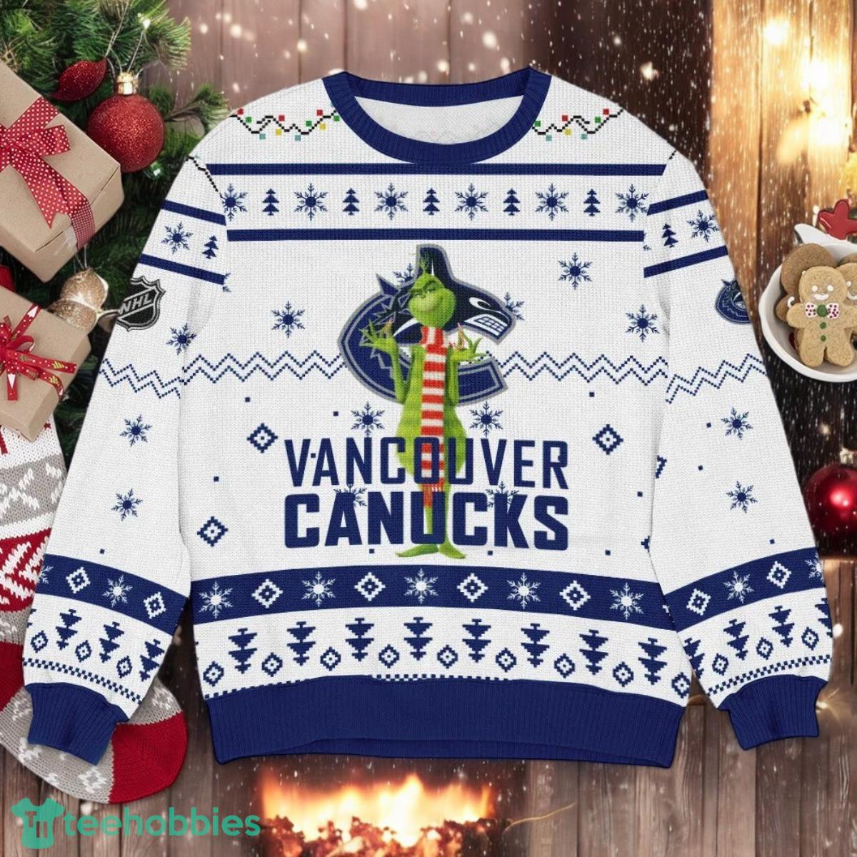 Vancouver Canucks NHL Grinch Ugly Christmas Sweater Team Holiday Christmas Gift image Vancouver Canucks NHL Grinch Ugly Christmas Sweater Team Holiday Christmas Gift Product Photo 1