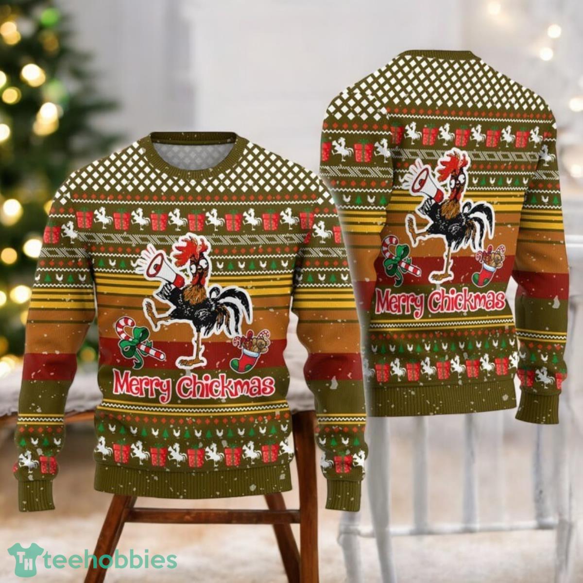 Chicken Christmas Ugly Sweater Merry Chickmas Ugly All Over Print 3D Sweater Candies Pine Tree Xmas Sweater image Chicken Christmas Ugly Sweater Merry Chickmas Ugly All Over Print 3D Sweater Candies Pine Tree Xmas Sweater Product Photo 1