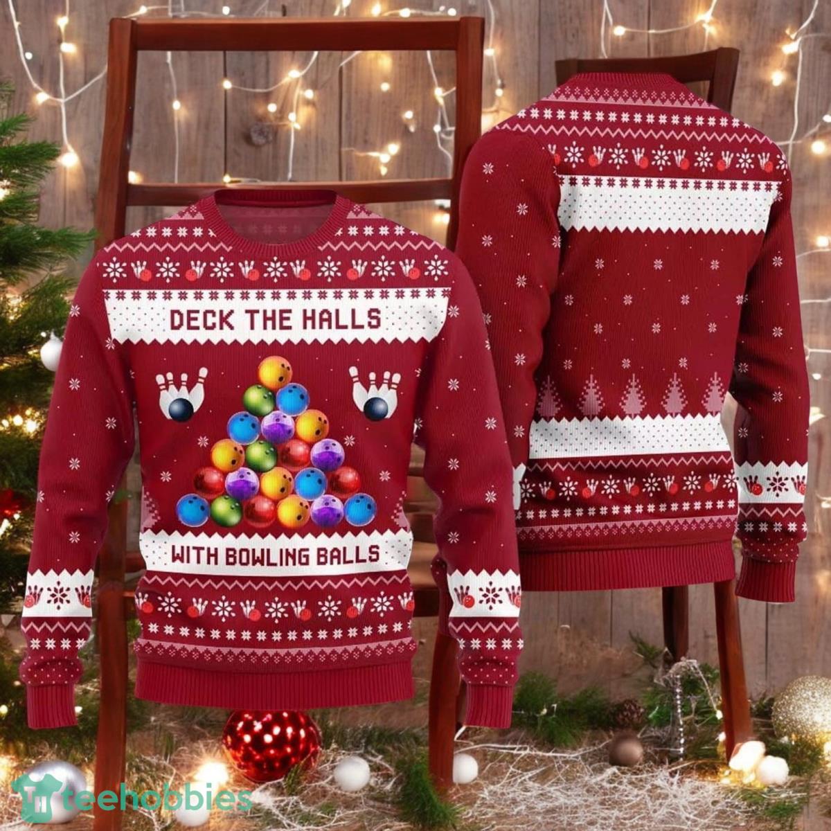 Christmas Deck The Halls Bowling Ugly Sweater Bowling Balls Xmas Red Sweater image Christmas Deck The Halls Bowling Ugly Sweater Bowling Balls Xmas Red Sweater Product Photo 1