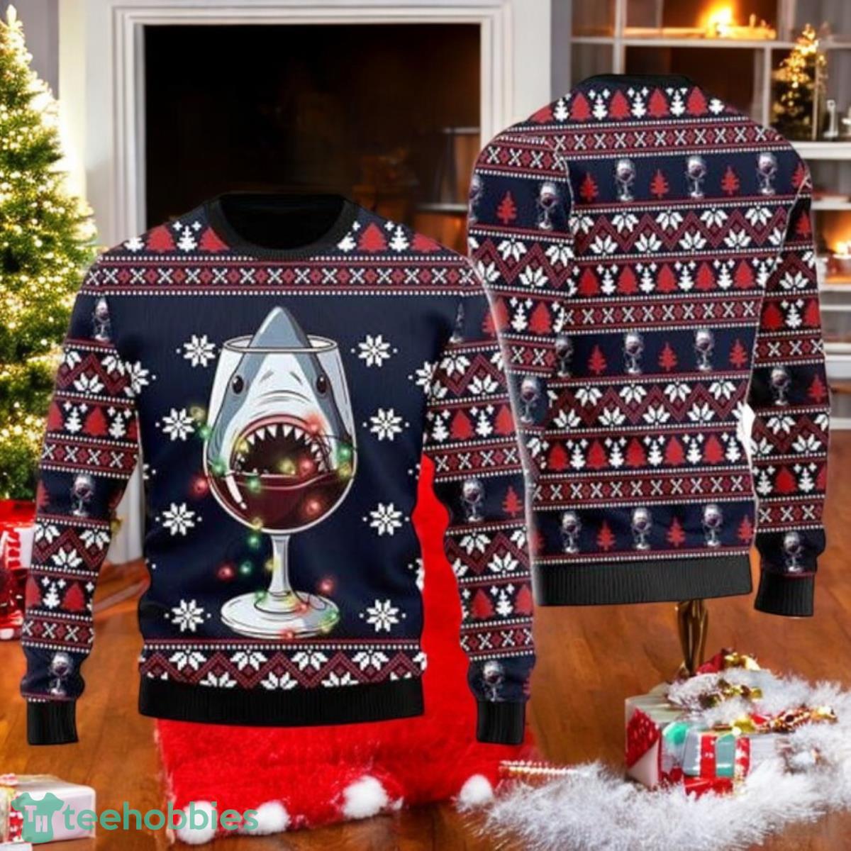 Christmas Wine Shark Ugly Sweater Merry Sharkmas All Over Print 3D Sweater image Christmas Wine Shark Ugly Sweater Merry Sharkmas All Over Print 3D Sweater Product Photo 1