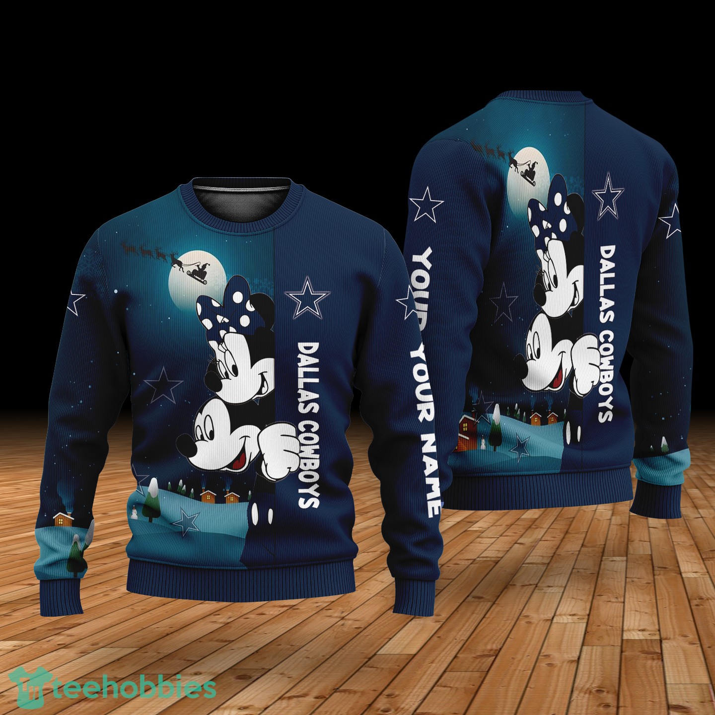 Custom Name Dallas Cowboys Cartoon Mouse Couple Christmas 3D Sweater image Custom Name Dallas Cowboys Cartoon Mouse Couple Christmas 3D Sweater Product Photo 1