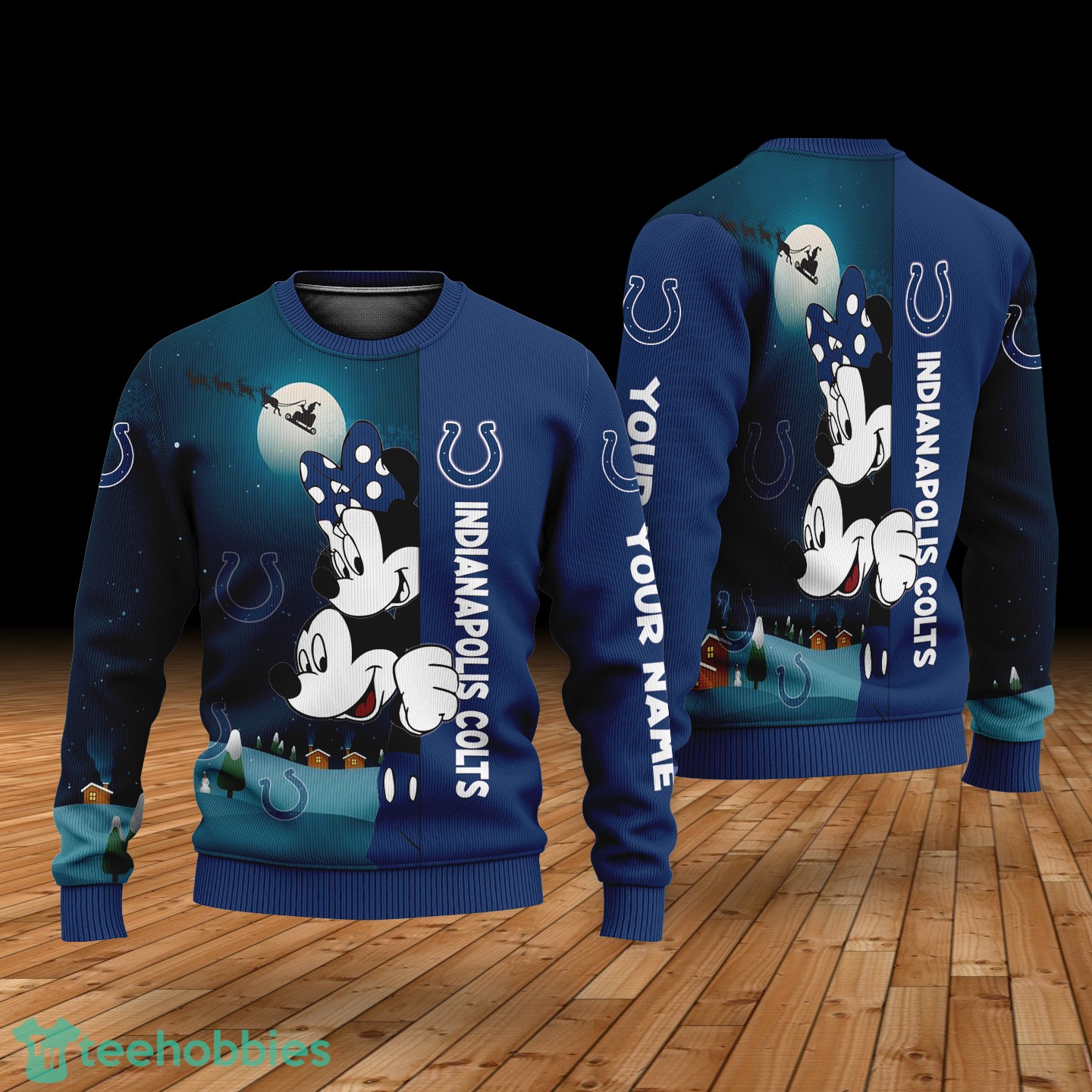 Custom Name Indianapolis Colts Cartoon Mouse Couple Christmas 3D Sweater image Custom Name Indianapolis Colts Cartoon Mouse Couple Christmas 3D Sweater Product Photo 1
