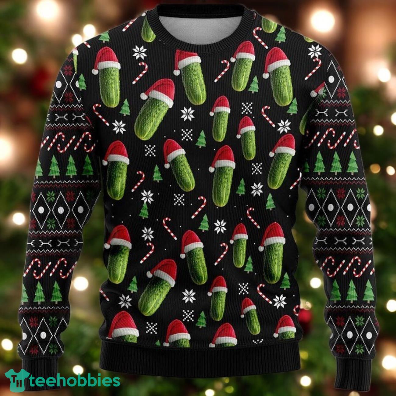 Funny Pickle Christmas Sweater Santa Hat Pickles Ugly Xmas Sweater image Funny Pickle Christmas Sweater Santa Hat Pickles Ugly Xmas Sweater Product Photo 1