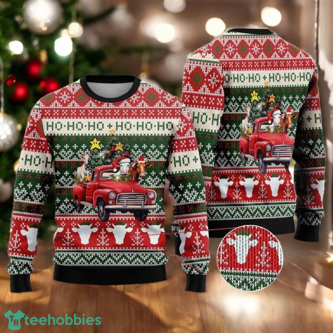 Holy Cow on Red Truck Ugly Christmas Sweater Funny Farm Holiday image Holy Cow on Red Truck Ugly Christmas Sweater Funny Farm Holiday Product Photo 1