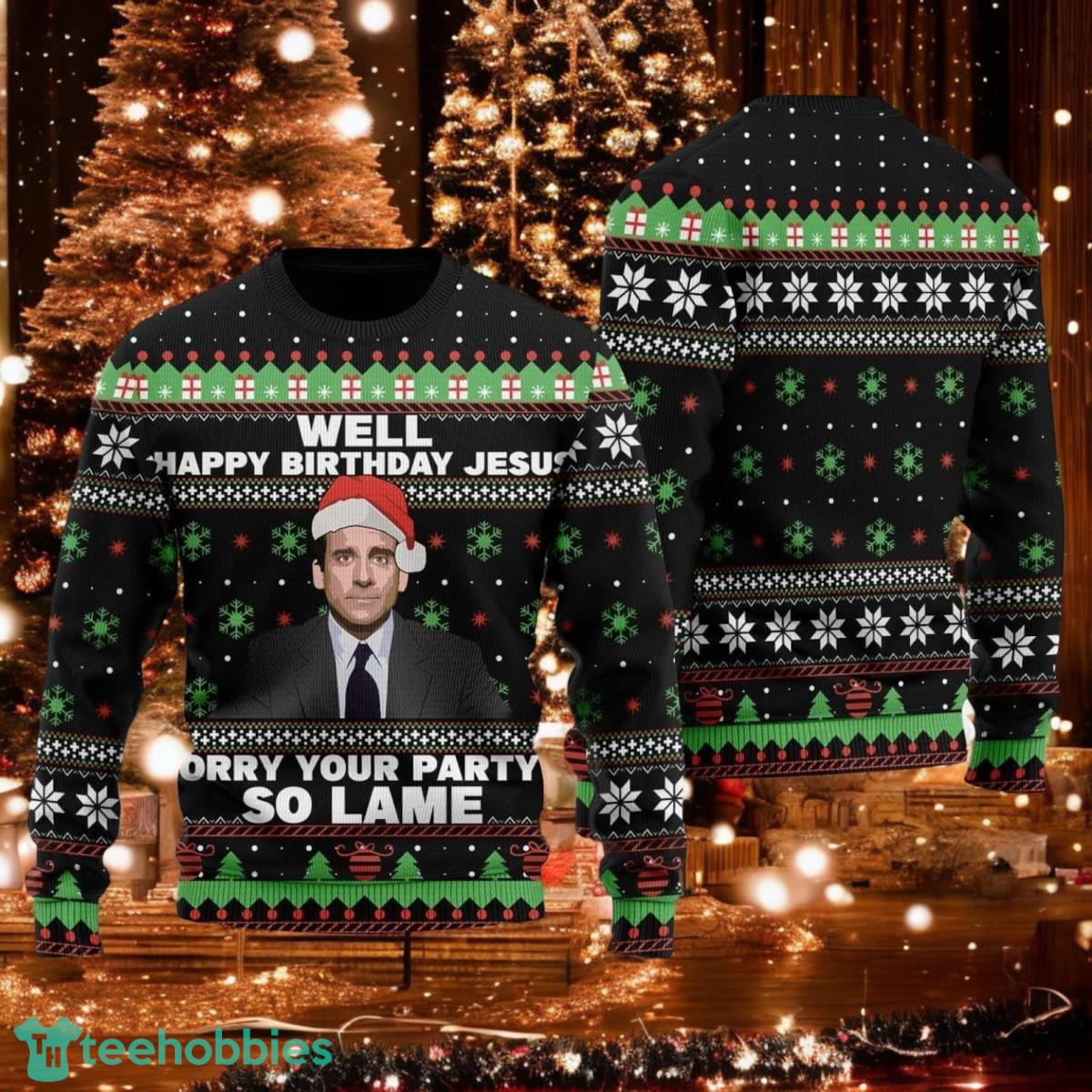Michael Scott The Office Ugly Christmas Sweater Well Happy Birthday Jesus Sweater image Michael Scott The Office Ugly Christmas Sweater Well Happy Birthday Jesus Sweater Product Photo 1