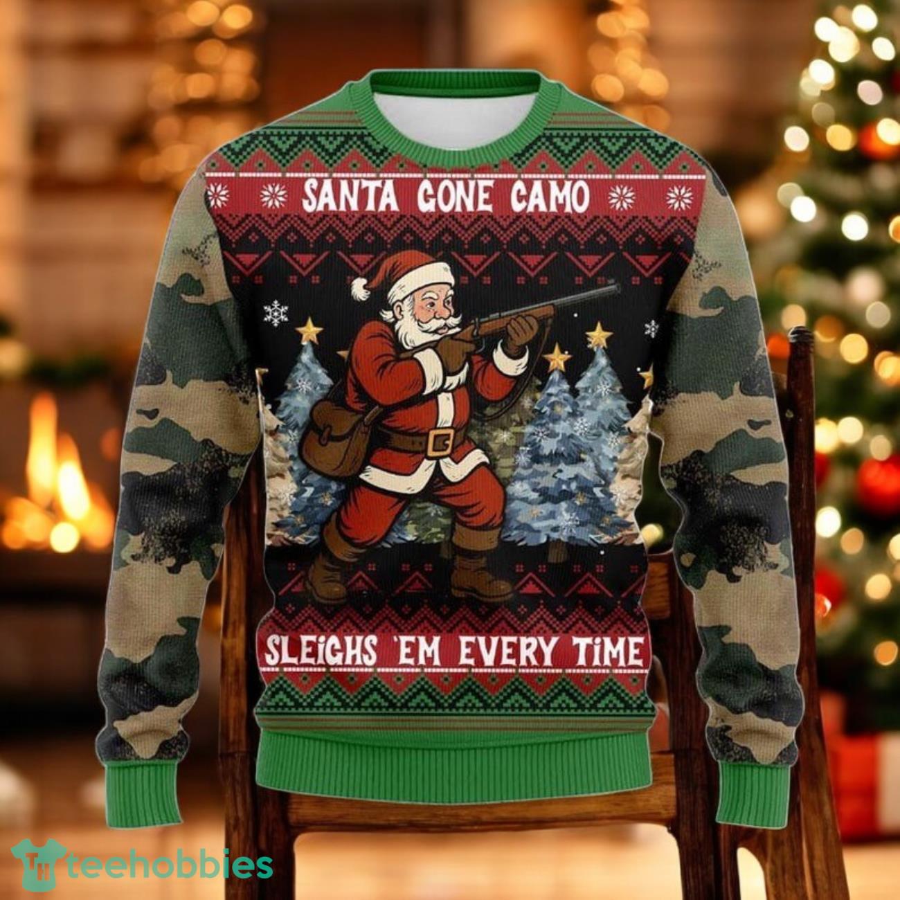 Santa Gone Camo Ugly Christmas Sweater Funny Hunting Santa Xmas Sweater image Santa Gone Camo Ugly Christmas Sweater Funny Hunting Santa Xmas Sweater Product Photo 1