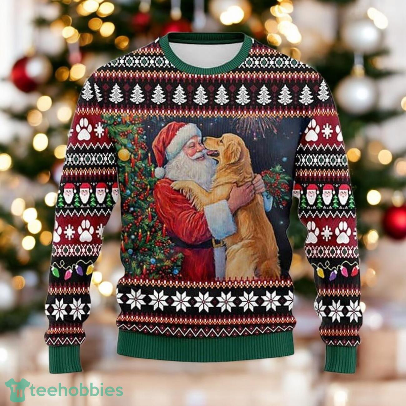 Santa Hugging Dog Ugly Christmas Sweater Holiday Pet Lover Xmas Sweater image Santa Hugging Dog Ugly Christmas Sweater Holiday Pet Lover Xmas Sweater Product Photo 1