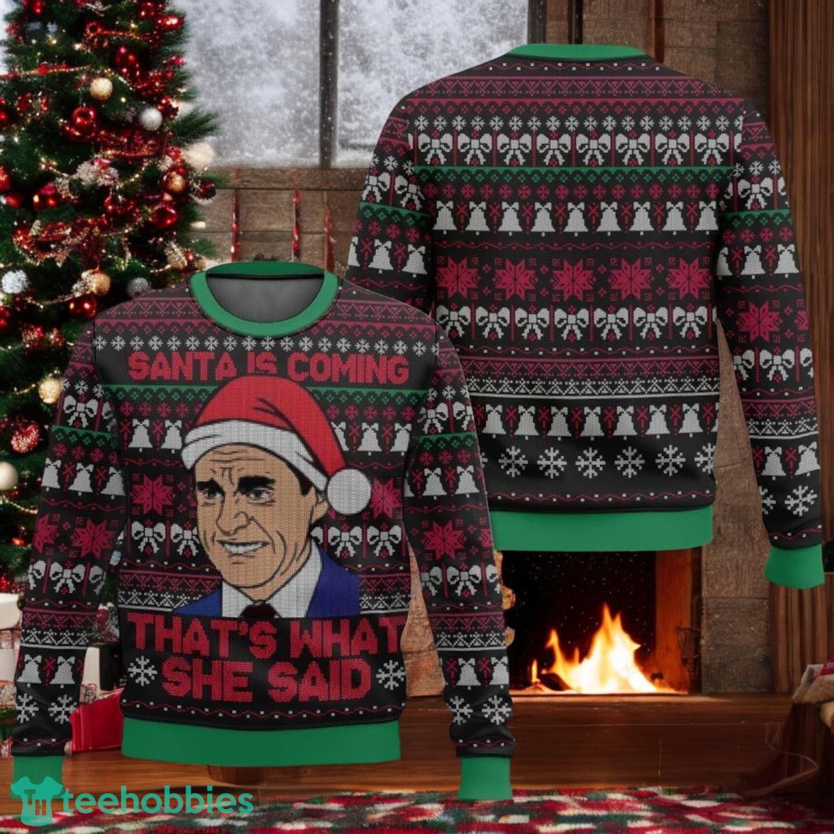 The Office Christmas Ugly Sweater Tv Show Holiday Sweater Funny Michael Scott Santa Is Coming Christmas Sweater image The Office Christmas Ugly Sweater Tv Show Holiday Sweater Funny Michael Scott Santa Is Coming Christmas Sweater Product Photo 1