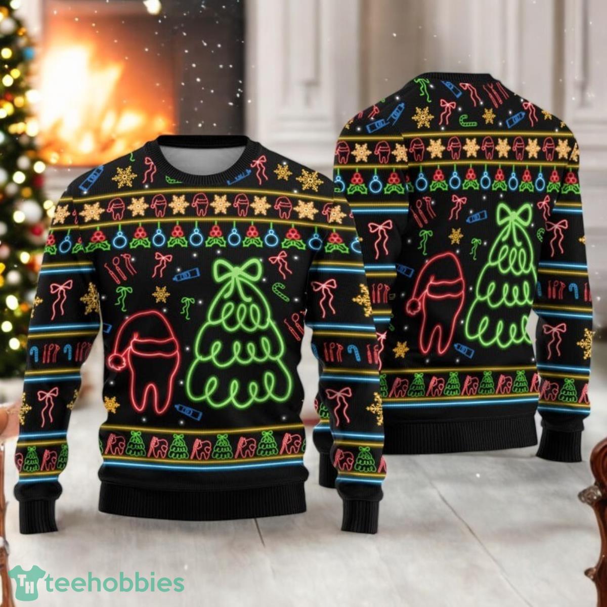 Tooth With Santa Hat Ugly Christmas Sweater Christmas Tree Neon Lights Sweater image Tooth With Santa Hat Ugly Christmas Sweater Christmas Tree Neon Lights Sweater Product Photo 1