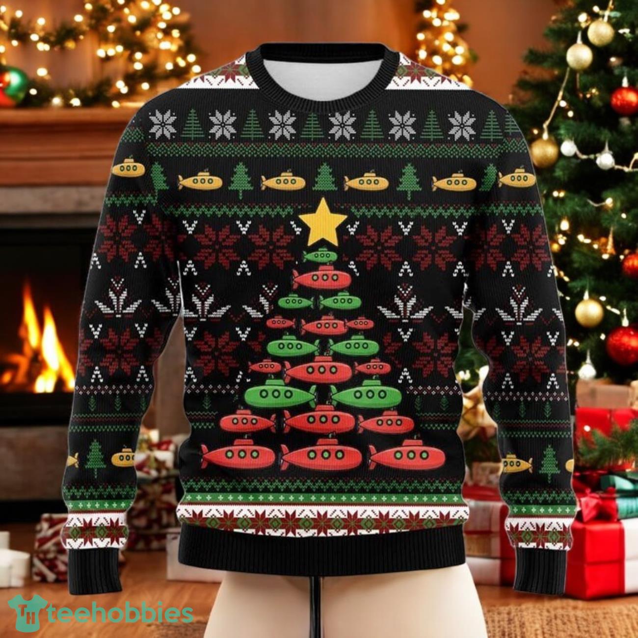 Ugly Submarine Christmas Sweater Funny Submarine Tree Holiday image Ugly Submarine Christmas Sweater Funny Submarine Tree Holiday Product Photo 1